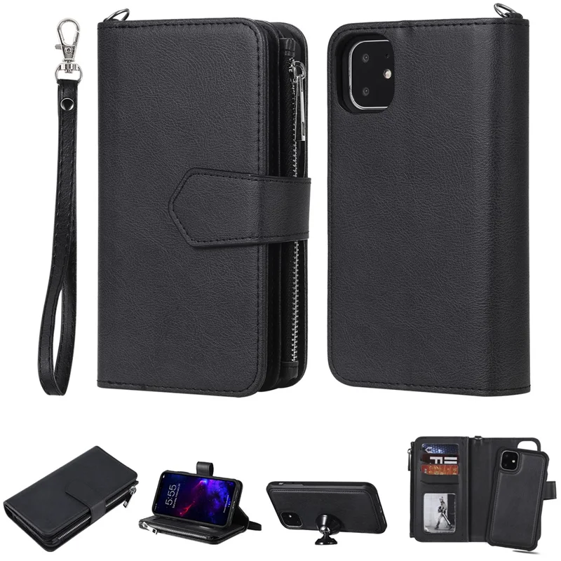 For iPhone 11 Magnetic Leather Case Mobile Cover with Detachable Zipper Wallet Strap - Black