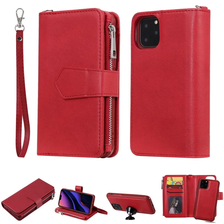 Detachable 2-in-1 TPU + Zipper Wallet Leather Flip Case with Stand Lanyard for iPhone 11 Pro 5.8 inch - Red