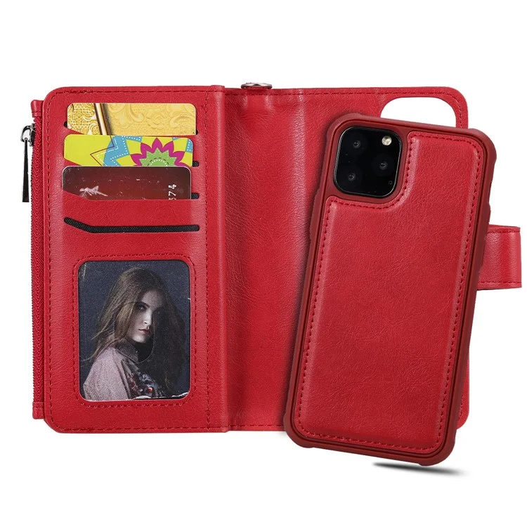Detachable 2-in-1 TPU + Zipper Wallet Leather Flip Case with Stand Lanyard for iPhone 11 Pro 5.8 inch - Red