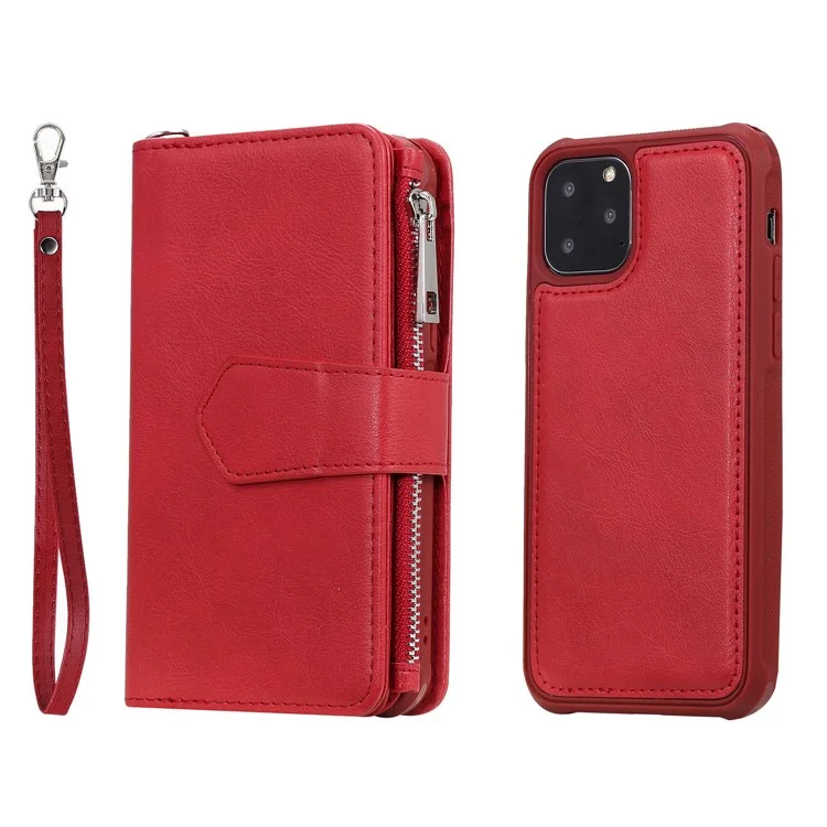Detachable 2-in-1 TPU + Zipper Wallet Leather Flip Case with Stand Lanyard for iPhone 11 Pro 5.8 inch - Red