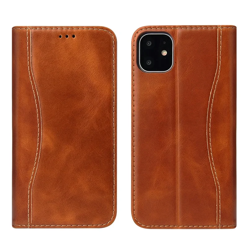 Genuine Leather Wallet Phone Case Flip Cover for Apple iPhone 11 6.1 inch - Brown