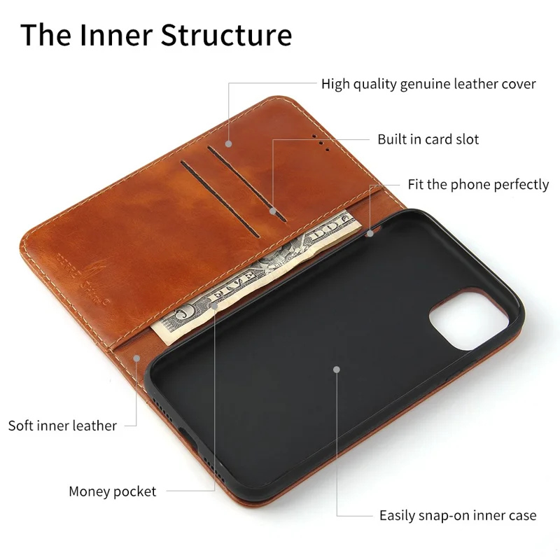 Genuine Leather Wallet Phone Case Flip Cover for Apple iPhone 11 6.1 inch - Brown