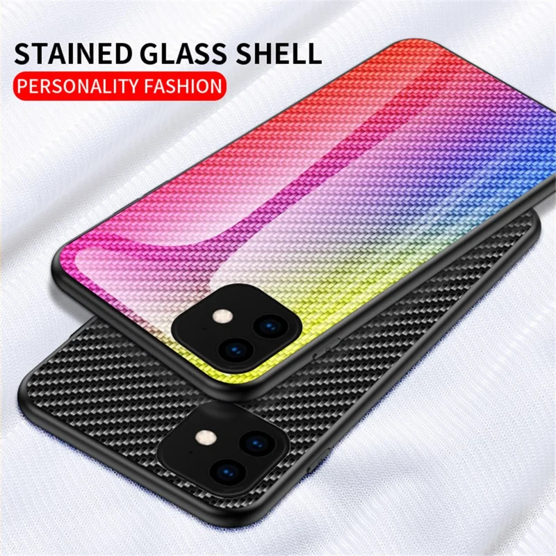 Carbon Fiber Texture Tempered Glass + PC + TPU Hybrid Phone Cover for iPhone 11 6.1 inch (2019) - Black Fiber