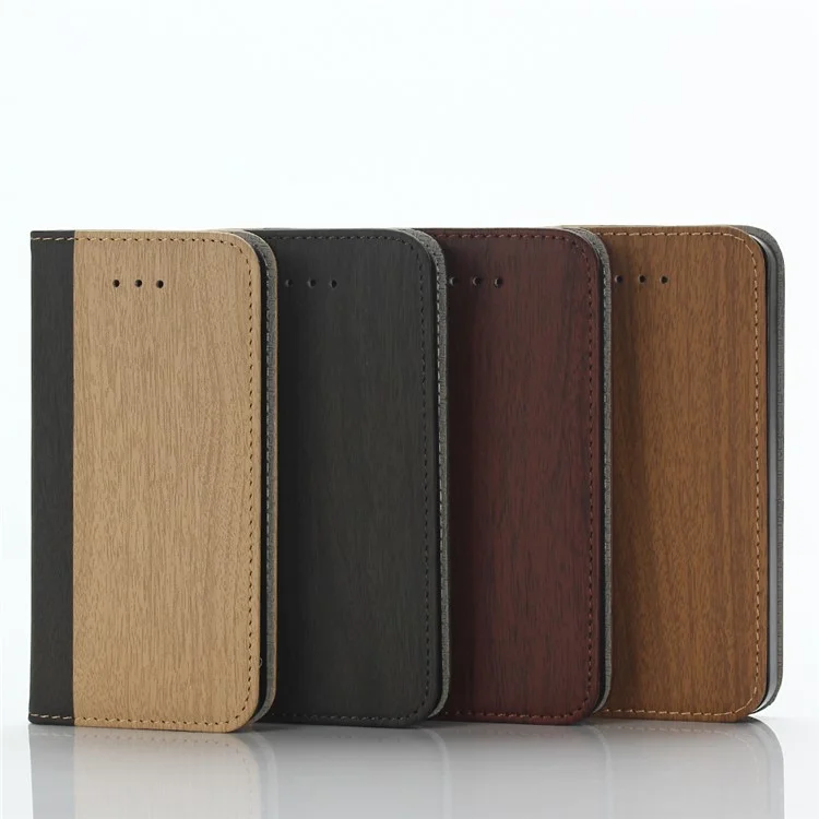 For iPhone SE 5s 5 Wood Grain Wallet Stand Leather Case Cover - Black