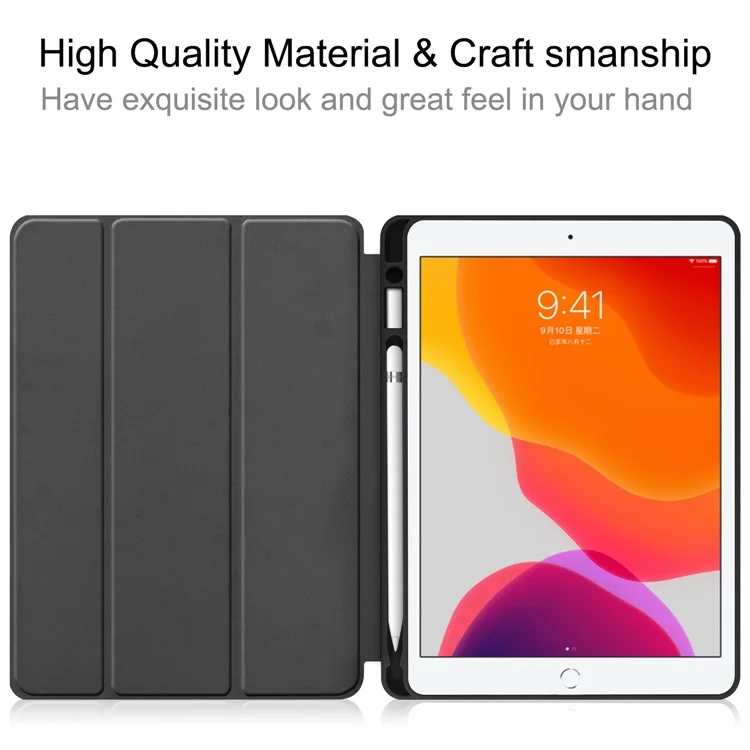 Multifunction Tri-fold Stand Leather Smart Tablet Cover Full Protection Case with Pen Slot for iPad 10.2 (2021)/(2020)/(2019) - Black