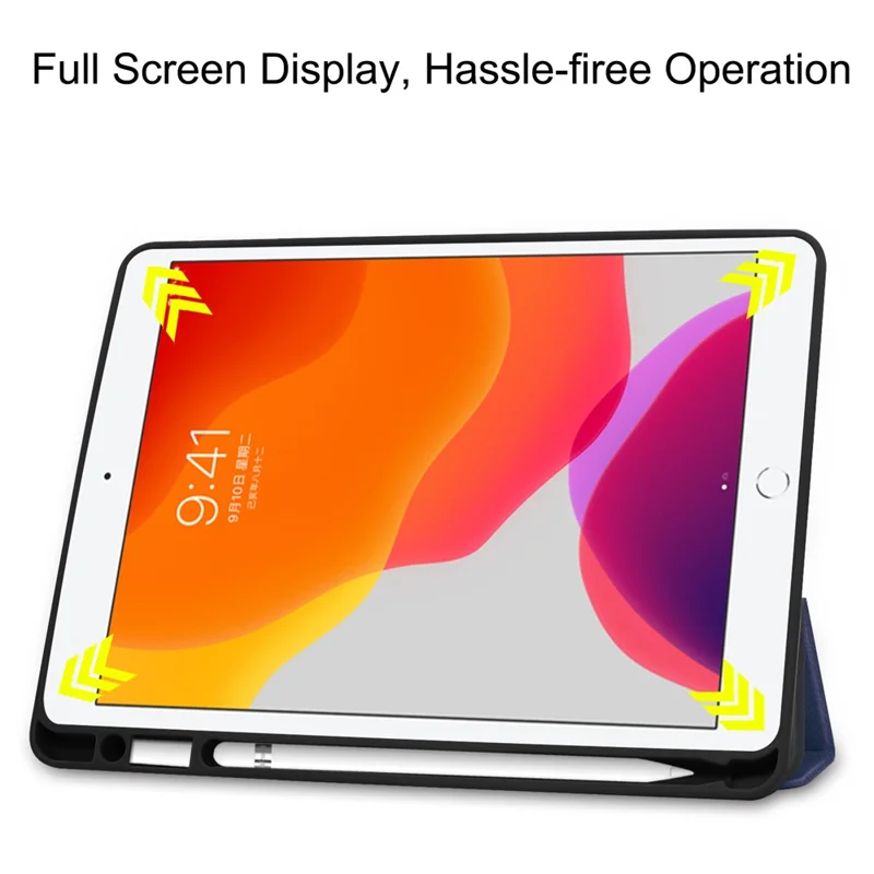 Læderet tabletomslag til iPad 10,2 (2021) / (2020) / (2019) med tri-fold stå og beskyttelseslåg med penneholder – mørkeblå