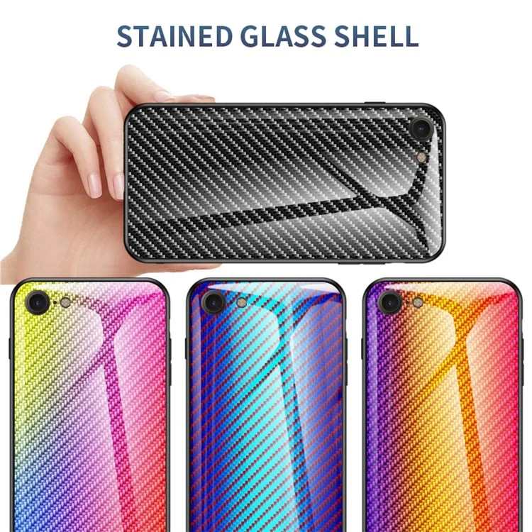 Carbon Fiber Skin Tempered Glass + PC + TPU Cell Case for iPhone 8/7/SE (2020)/SE (2022) - Black Fiber