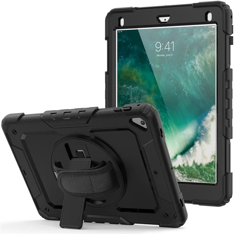 Pour IPad 9,7 Pouces (2018) / (2017) / AIR 2 / IPad Pro 9,7 Pouces (2016) 360 ° Swivel Swivel Strap Handy Kickstand Coque PC Silicone Couvercle Avec Bandoulière - Tout Noir