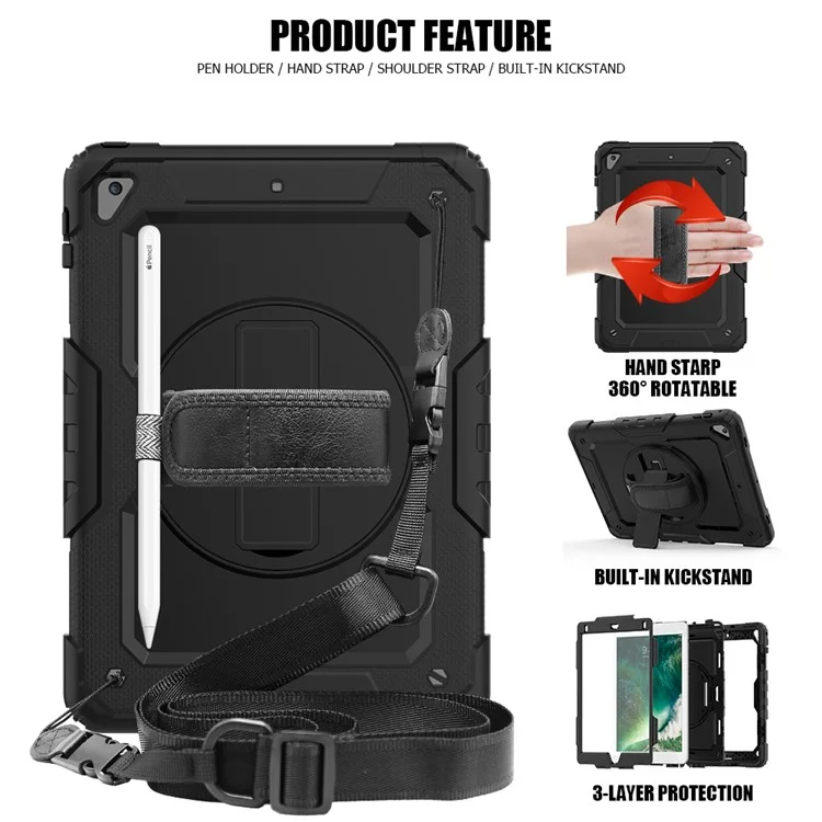 For iPad 9.7-inch (2018)/(2017)/Air 2/iPad Pro 9.7 inch (2016) 360° Swivel Handy Strap Kickstand Tablet Case PC Silicone Cover with Shoulder Strap - All Black