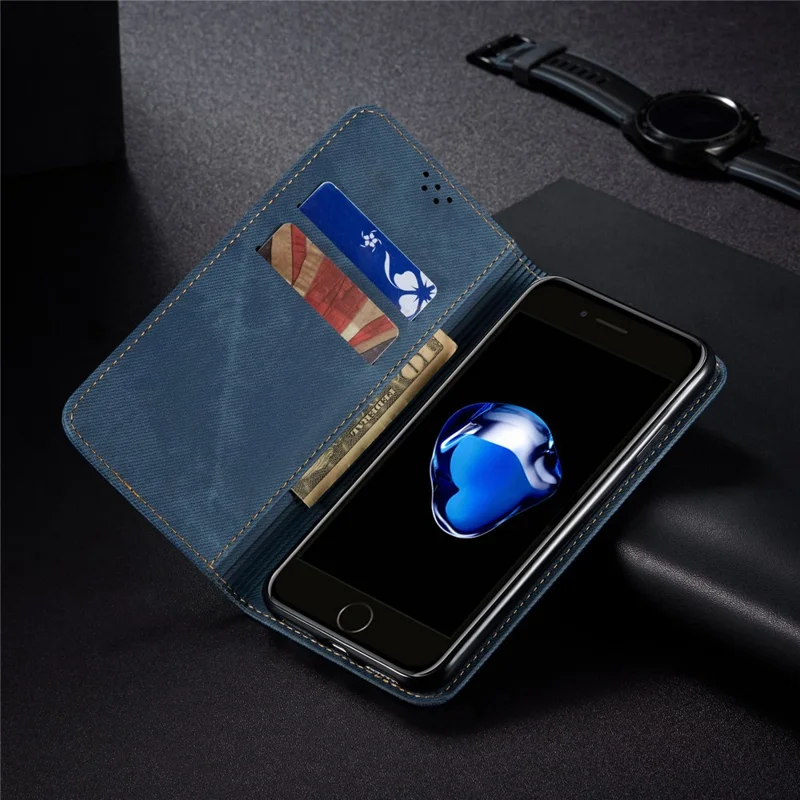 Jeans Cloth Texture Retro Style Leather Case for iPhone 6/6S - Blue