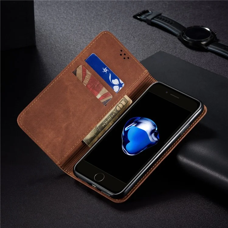 Retro Style Jeans Cloth Leather Wallet Stand Case for iPhone 8 Plus / 7 Plus - Coffee