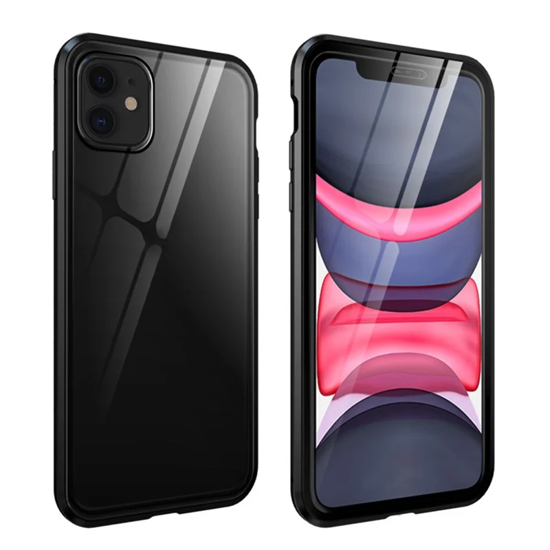 Full Covering Magnetic Metal Frame + Tempered Glass Touch Screen Phone Case for Apple iPhone 11 6.1 inch - Black