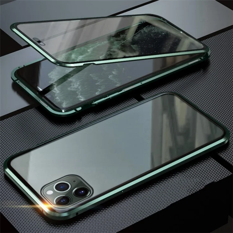 Full Covering Magnetic Metal Frame + Tempered Glass Touch Screen Phone Cover for Apple iPhone 11 Pro 5.8 inch - Blackish Green