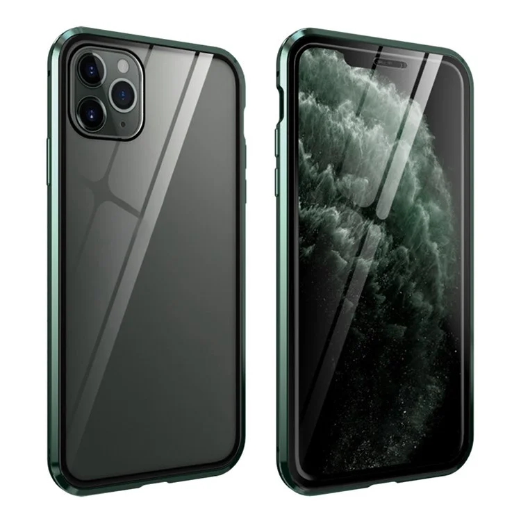 Full Covering Magnetic Metal Frame + Tempered Glass Touch Screen Phone Cover for Apple iPhone 11 Pro 5.8 inch - Blackish Green