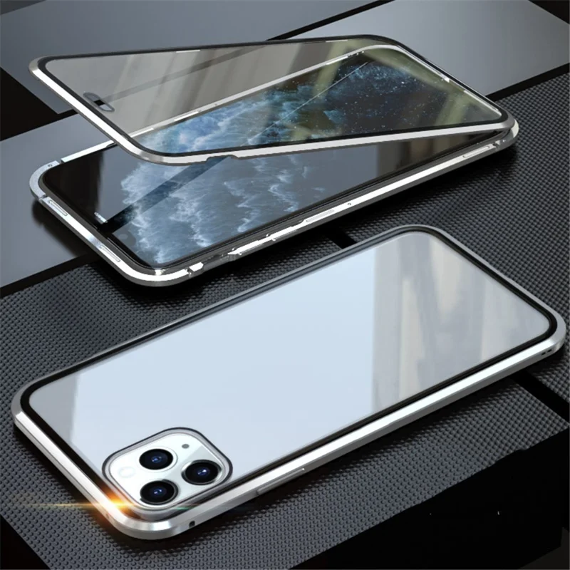 Full Covering Magnetic Metal Frame + Tempered Glass Touch Screen Phone Cover for Apple iPhone 11 Pro 5.8 inch - Silver