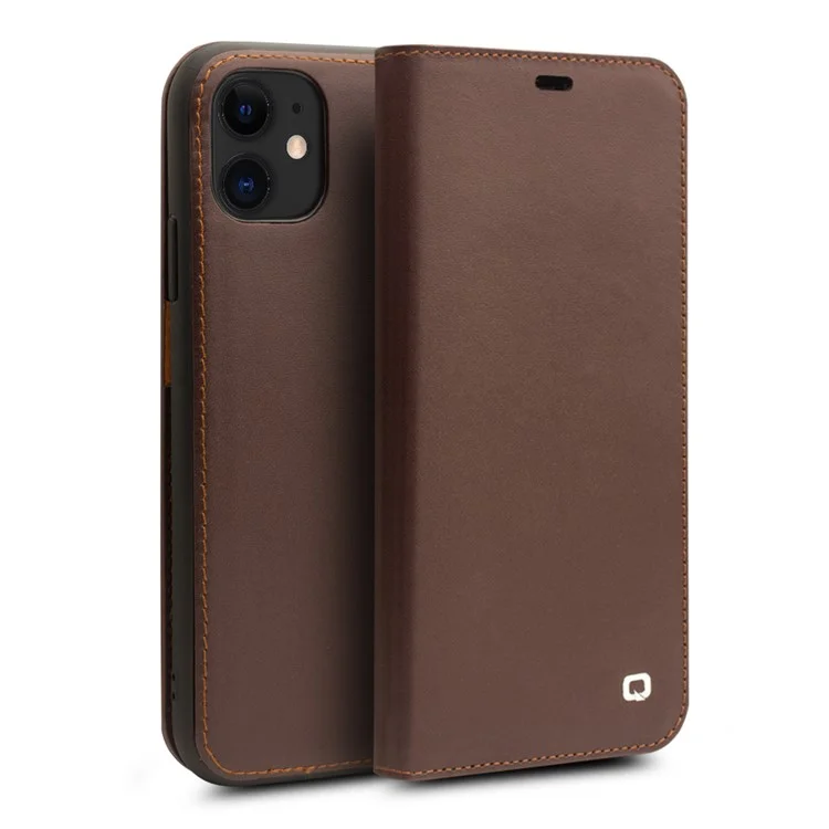 Qialino Para IPhone 11 6.1 Polegada Top Genuine Cowhide Leather Protection Protection Caixa De Telefone Da Carteira - Café