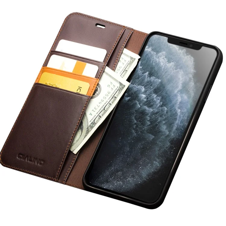 QIALINO For iPhone 11 Pro 5.8 inch Top Cowhide Leather Phone Cover Wallet Full Protection Folio Flip Case - Coffee