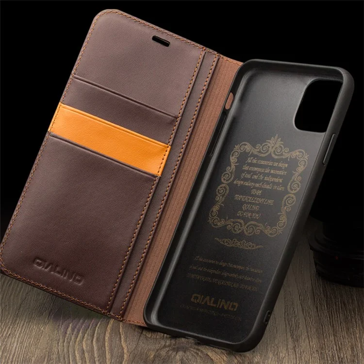 QIALINO For iPhone 11 Pro 5.8 inch Top Cowhide Leather Phone Cover Wallet Full Protection Folio Flip Case - Coffee