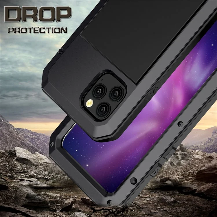 Metal De Estilo De Tanque + Silicone + Vidro Temperado 360 ° De Proteção Total Para IPhone 11 Pro 5,8 Polegadas (2019) - Preto