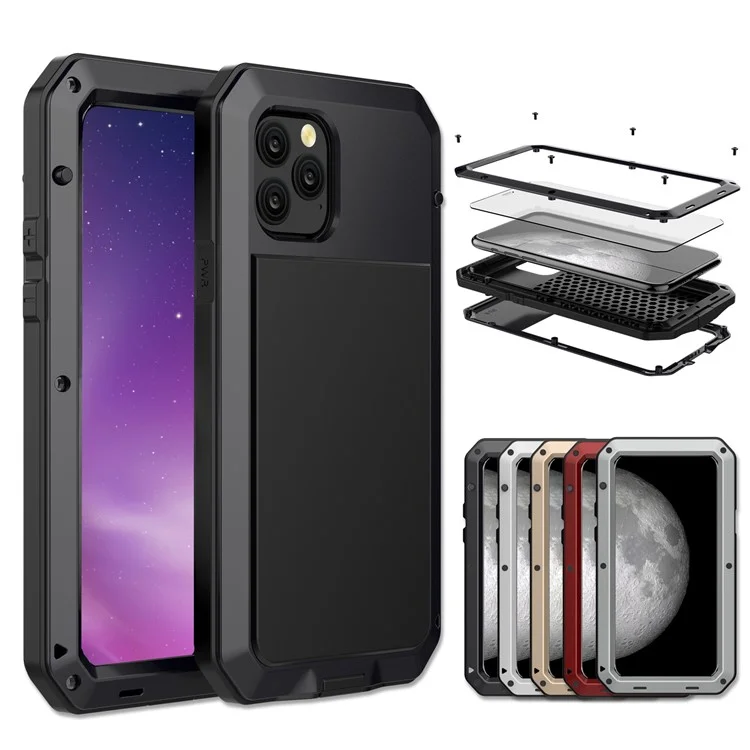 Tank-Stil Metall + Silikon + gehärtetes Glas 360° Komplettschutzschale für iPhone 11 Pro 5,8 Zoll (2019) - Schwarz