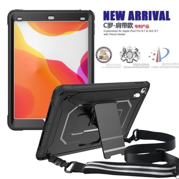 Case PC + TPU Avec Béquille et Bandoulière Pour Ipad Pro 9,7 Pouces (2016) / Ipad Air (2013) - le Noir