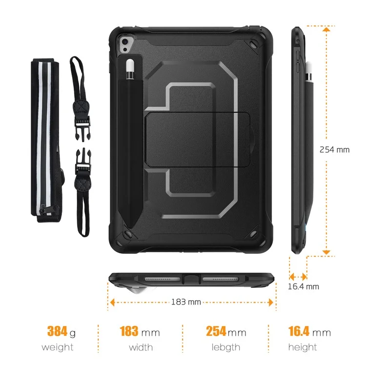 PC + TPU -hülle Mit Kickstand Und Schultergurt Für Ipad Pro 9,7 Zoll (2016)/iPad Air (2013) - Schwarz