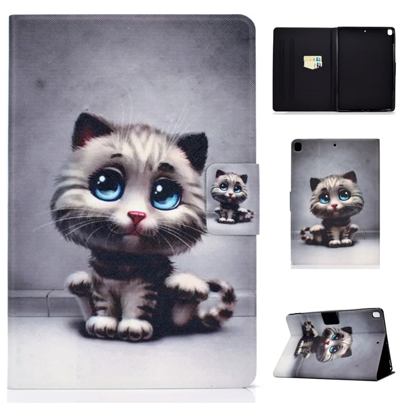 Full-Body Protection Pattern Printing PU Leather Stand Folio Tablet Cover with Card Holders for Apple iPad 10.2 (2021) / (2020) / (2019) - Grey Cat