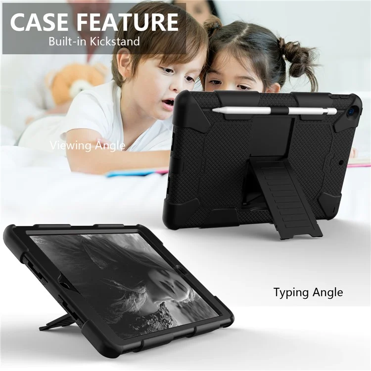 Hard PC + Silicone Kickstand Tablet Case Shockproof Cover Combo Shell for iPad 10.2 (2021)/(2020)/(2019) with Pen Holder - All Black