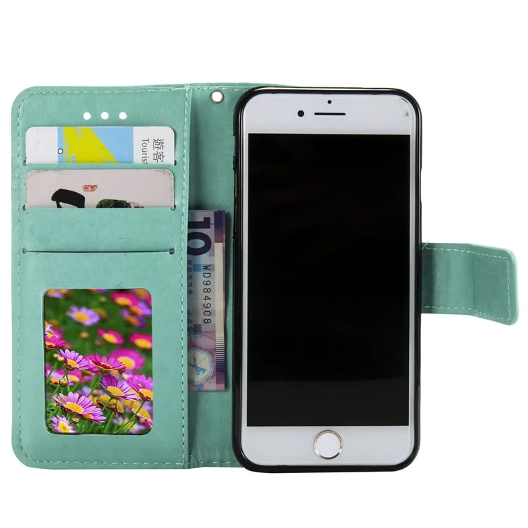 Imprint Flower Leather Wallet Phone Case with Stand for iPhone 7 4.7 inch/8 4.7 inch/SE (2020)/SE (2022) - Cyan