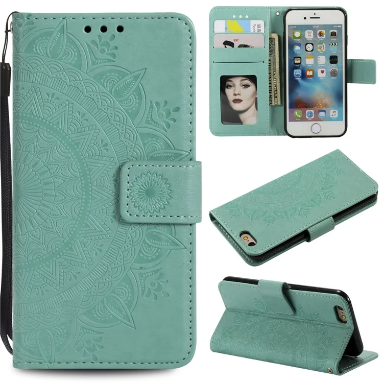 Imprint Flower Leather Wallet Case for iPhone 6s/6 4.7-inch - Cyan