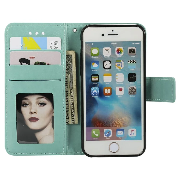 Imprint Flower Leather Wallet Case for iPhone 6s/6 4.7-inch - Cyan