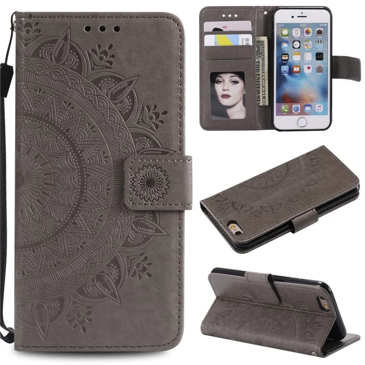 Impresión de Billetera de Cuero de Flores Para Iphone 6s/6 4.7 Pulgadas - Gris