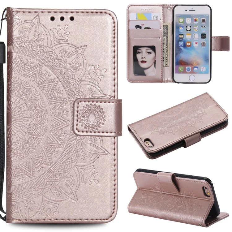 Imprint Flower Leather Wallet Phone Casing for iPhone 6 Plus / 6s Plus 5.5-inch - Rose Gold