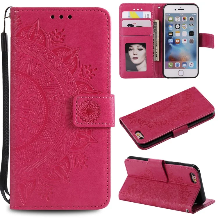 Impresión de la Billetera de Cuero de Flores Carcasa de Teléfono Para Iphone 6 Plus / 6s Más 5.5 Pulgadas - Rosa