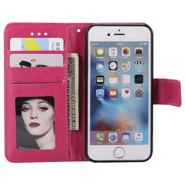 Impresión de la Billetera de Cuero de Flores Carcasa de Teléfono Para Iphone 6 Plus / 6s Más 5.5 Pulgadas - Rosa