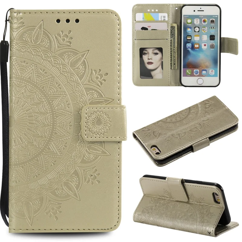 Imprint Flower Leather Wallet Phone Casing for iPhone 6 Plus / 6s Plus 5.5-inch - Gold