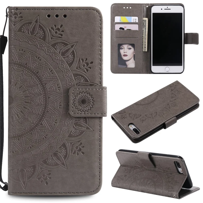 Imprint Flower Leather Wallet Phone Cover for iPhone 8/7 Plus 5.5 inch - Grey