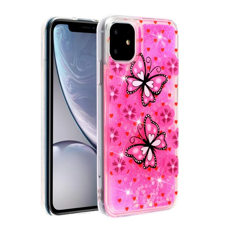 Étui TPU Quicksand Glitter Embossé Imprimé pour iPhone 11 6,1 pouces - Papillon et Fleur