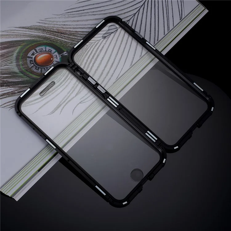 a Absorção Magnética de Instalação do Telefone Cobre a Moldura de Metal + Capa de Celular de Vidro de Dupla Face Para Iphone 8/7/SE (2020)/SE (2022) - Preto