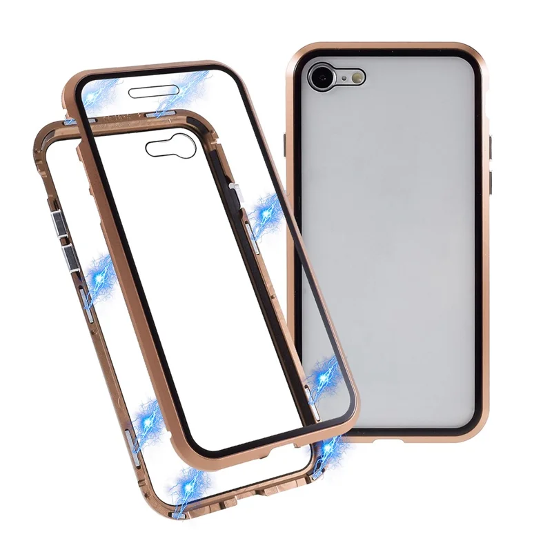 Magnetic Absorption Installation Phone Shell Covering Metal Frame + Dual-sided Tempered Glass Cell Phone Case for iPhone 8/7/SE (2020)/SE (2022) - Gold