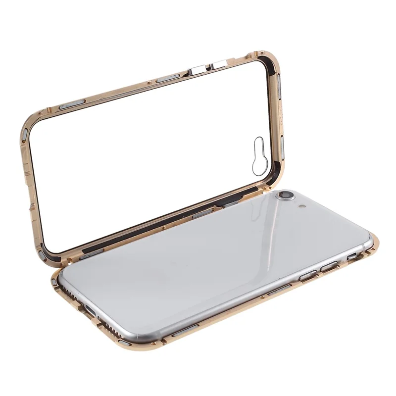 Magnetic Absorption Installation Phone Shell Covering Metal Frame + Dual-sided Tempered Glass Cell Phone Case for iPhone 8/7/SE (2020)/SE (2022) - Gold