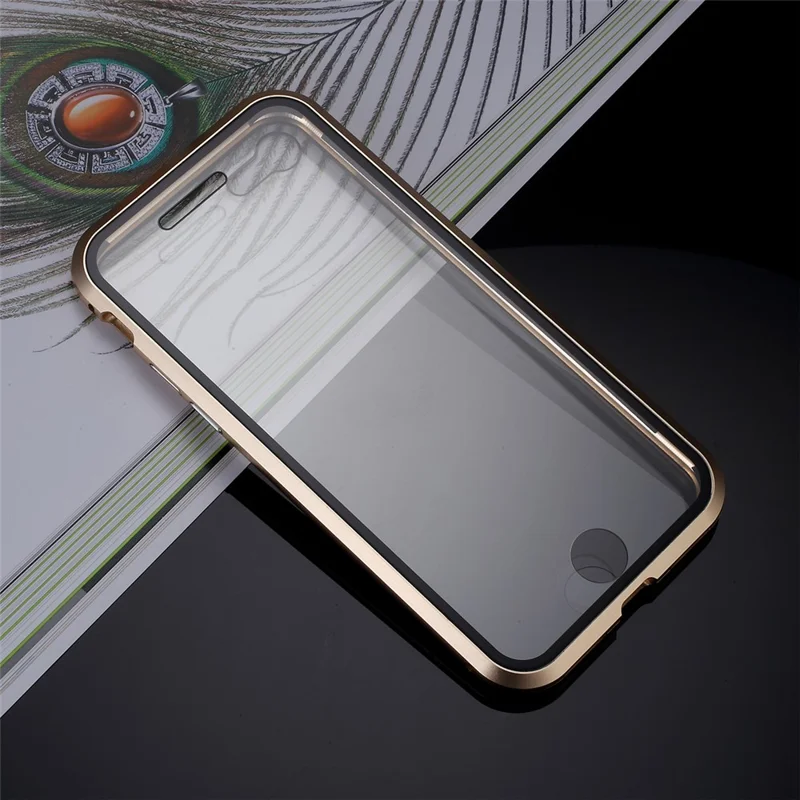 Magnetic Absorption Installation Phone Shell Covering Metal Frame + Dual-sided Tempered Glass Cell Phone Case for iPhone 8/7/SE (2020)/SE (2022) - Gold