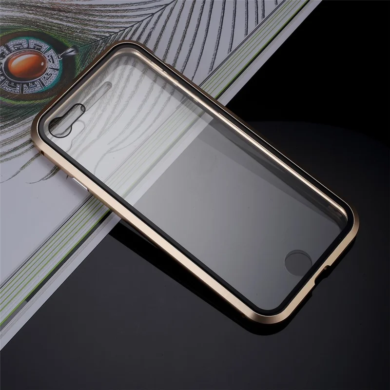 Magnetic Absorption Installation Phone Shell Covering Metal Frame + Dual-sided Tempered Glass Cell Phone Case for iPhone 8/7/SE (2020)/SE (2022) - Gold