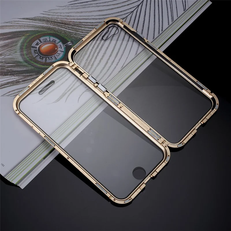 Magnetic Absorption Installation Phone Shell Covering Metal Frame + Dual-sided Tempered Glass Cell Phone Case for iPhone 8/7/SE (2020)/SE (2022) - Gold