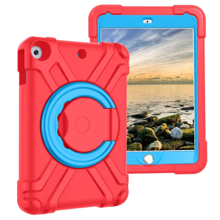 Étui pour iPad 10,2 (2021) / (2020) / (2019) avec Poignée Rotative et Support Béquille Coque PC + Silicone de Protection - Rouge / Bleu