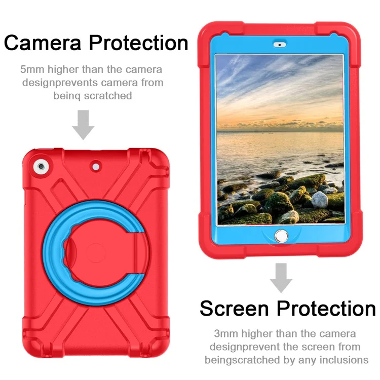 Étui pour iPad 10,2 (2021) / (2020) / (2019) avec Poignée Rotative et Support Béquille Coque PC + Silicone de Protection - Rouge / Bleu