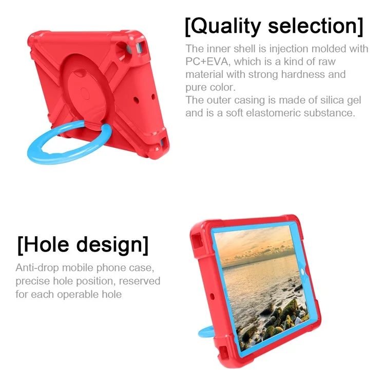 Étui pour iPad 10,2 (2021) / (2020) / (2019) avec Poignée Rotative et Support Béquille Coque PC + Silicone de Protection - Rouge / Bleu