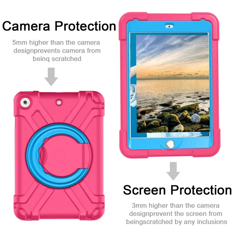 Étui pour iPad 10,2 (2021) / (2020) / (2019) avec Poignée Rotative et Béquille - Coque de Protection PC + Silicone - Rose / Bleu