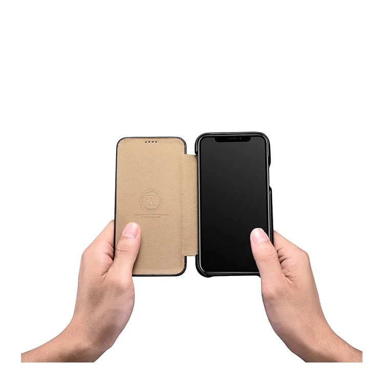ICARER Genuine Leather Curved Screen Folio Flip Phone Case for iPhone 11 Pro 5.8-inch - Black