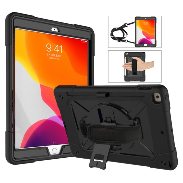 [Built-in Hand Holder Strap] 360° Swivel Kickstand PC + Silicone Combo Tablet Shell with Shoulder Strap for iPad 10.2 (2020)/(2019) - All Black